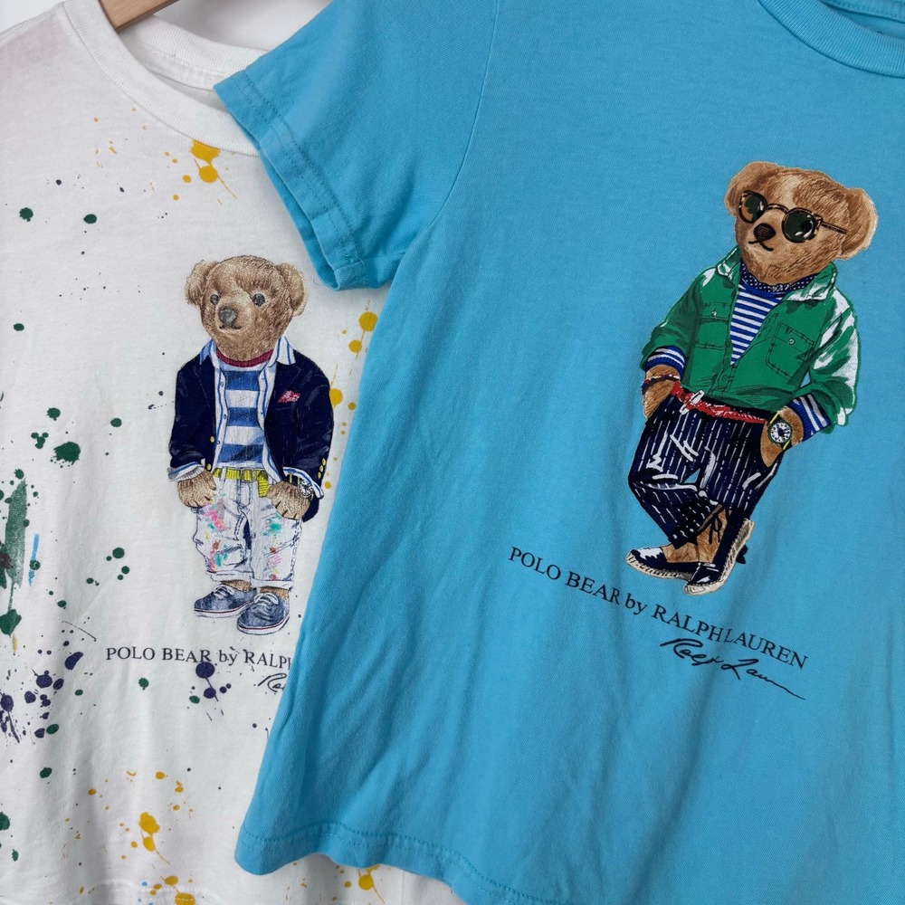 Ralph Lauren Polo Bear Paint Splatter Graphic T-Shirt Lot Kids 7 Blue White Tee